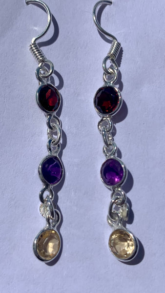Garnet Amethyst Citrine Silver Earrings